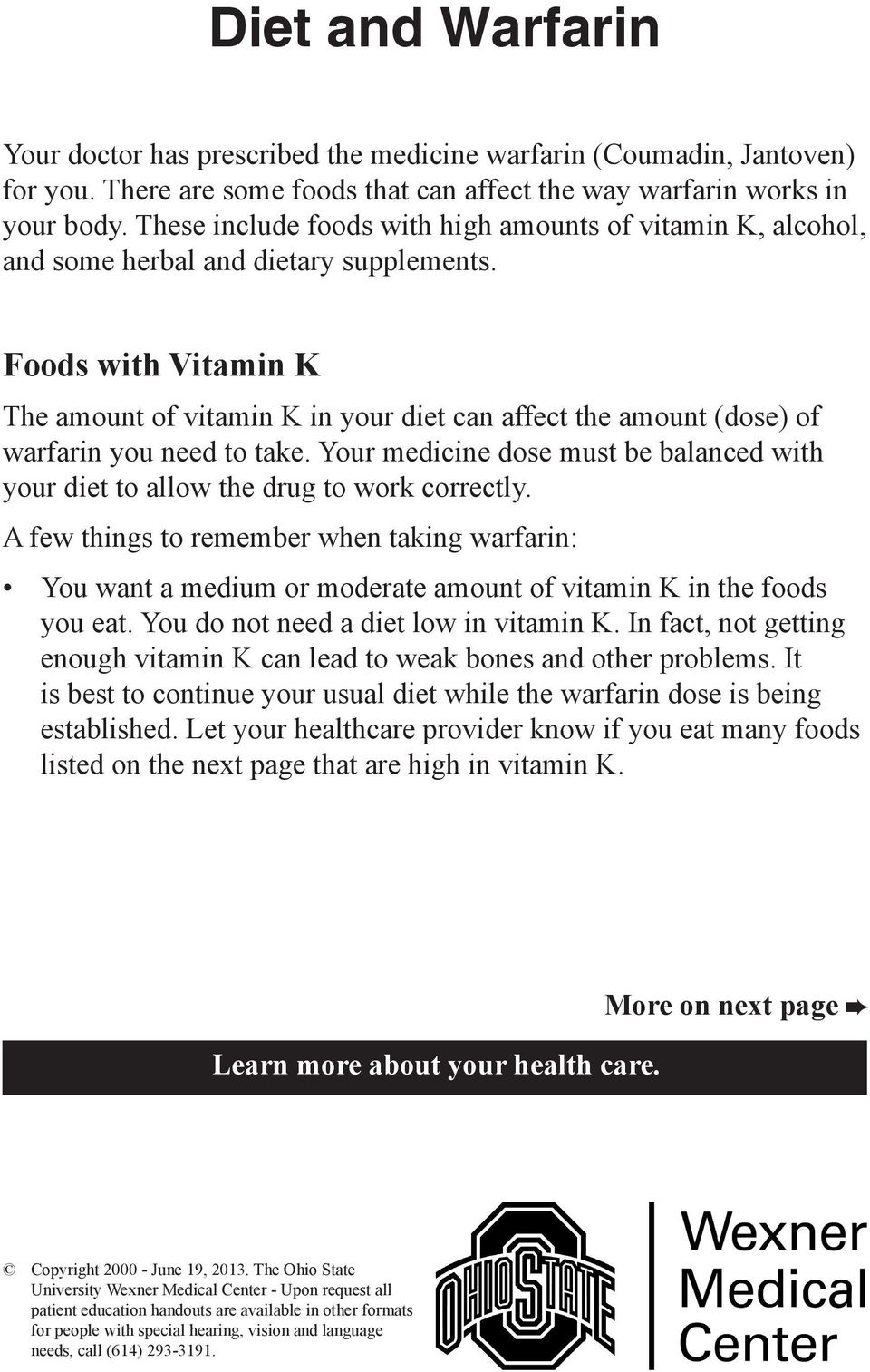 Foods with Vitamin K The amount of vitamin K in your diet can affect the amount (dose) of warfarin you need to take.