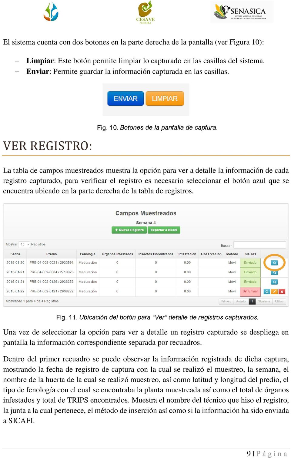 La tabla de campos muestreados muestra la opción para ver a detalle la información de cada registro capturado, para verificar el registro es necesario seleccionar el botón azul que se encuentra