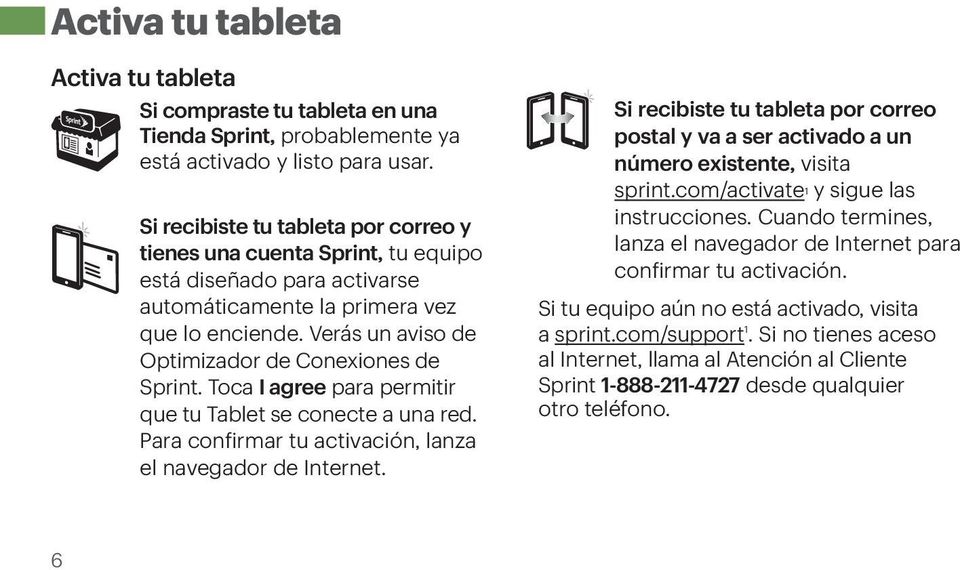 Verás un aviso de Optimizador de Conexiones de Sprint. Toca I agree para permitir que tu Tablet se conecte a una red. Para confirmar tu activación, lanza el navegador de Internet.