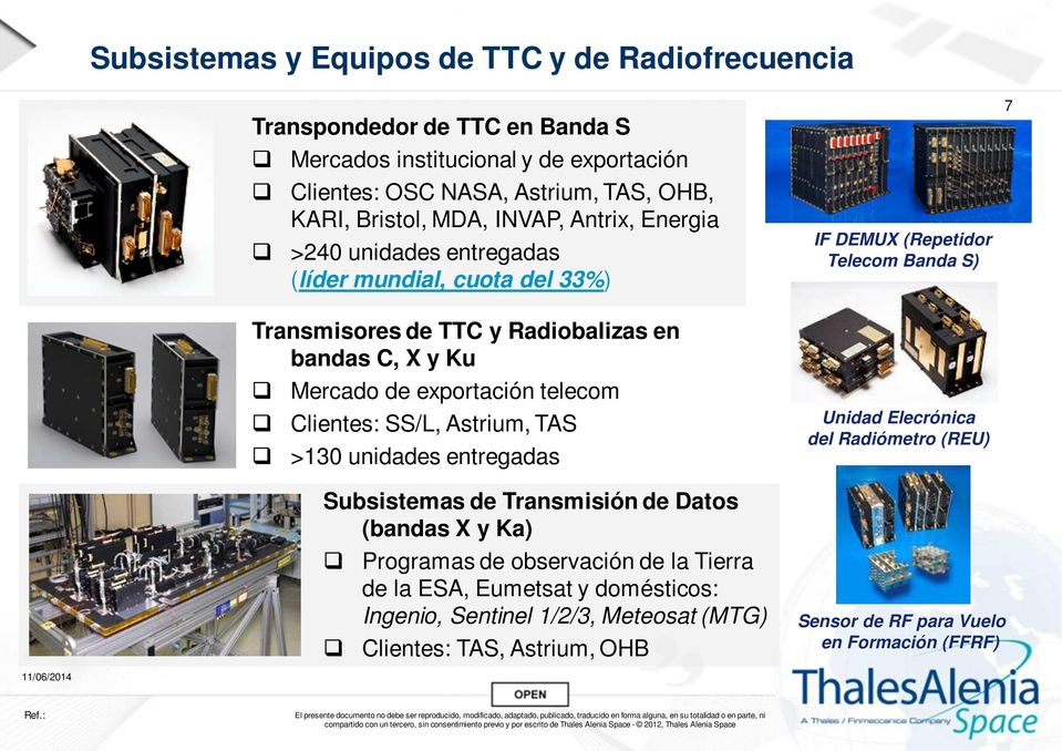 Clientes: SS/L, Astrium, TAS >130 unidades entregadas IF DEMUX (Repetidor Telecom Banda S) Unidad Elecrónica del Radiómetro (REU) 7 Subsistemas de Transmisión de Datos (bandas X
