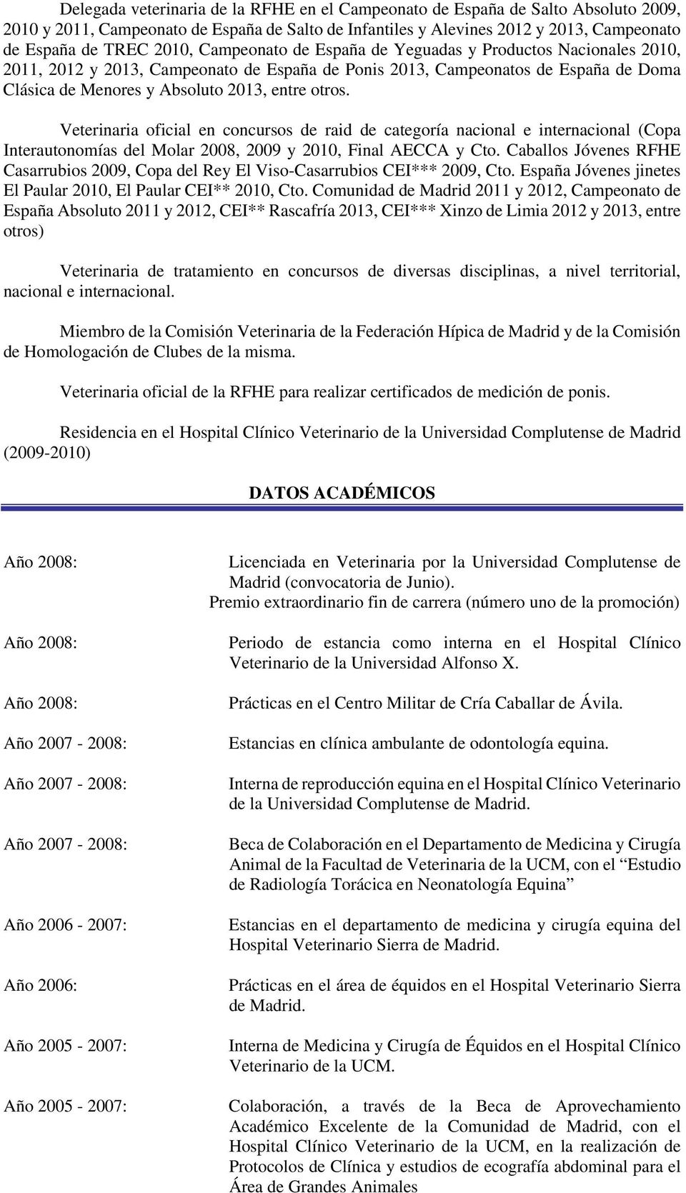 Veterinaria oficial en concursos de raid de categoría nacional e internacional (Copa Interautonomías del Molar 2008, 2009 y 2010, Final AECCA y Cto.