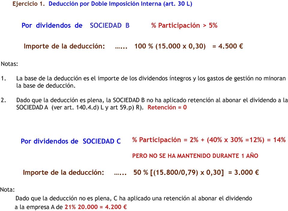 Dado que la deducción es plena, la SOCIEDAD B no ha aplicado retención al abonar el dividendo a la SOCIEDAD A (ver art. 140.4.d) L y art 59.p) R).