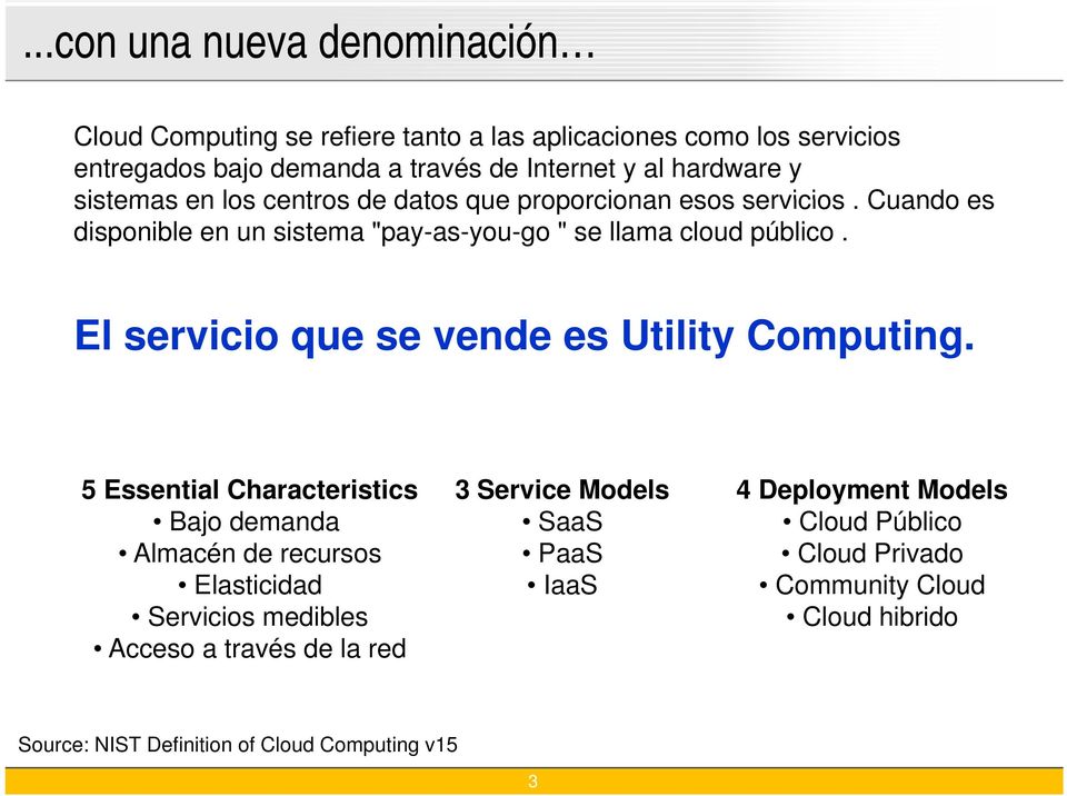 Cuando es disponible en un sistema "pay-as-you-go " se llama cloud público. El servicio que se vende es Utility Computing.