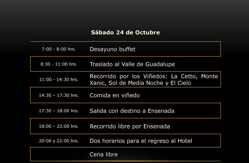 Recorrido por los Viñedos: La Cetto, Monte Xanic, Sol de Media Noche y El Cielo 14:30 17:30 hrs.