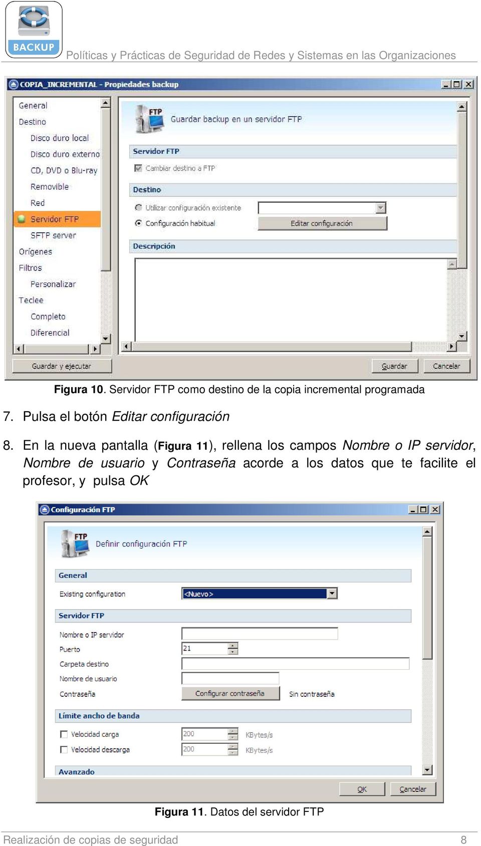 En la nueva pantalla (Figura 11), rellena los campos Nombre o IP servidor, Nombre de