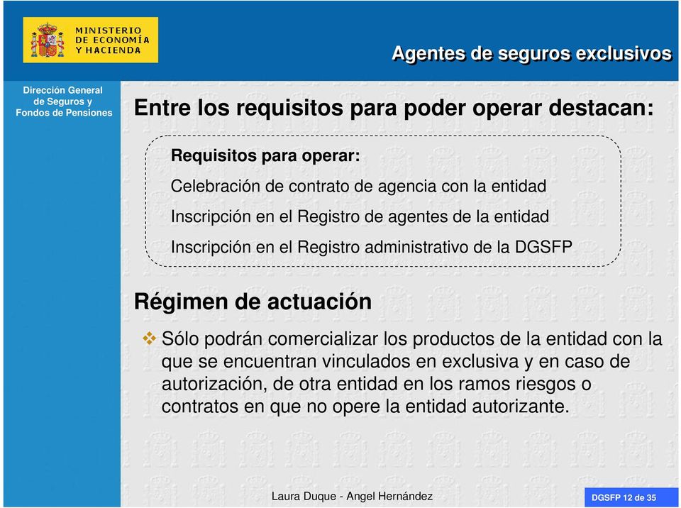 DGSFP Régimen de actuación Sólo podrán comercializar los productos de la entidad con la que se encuentran vinculados en
