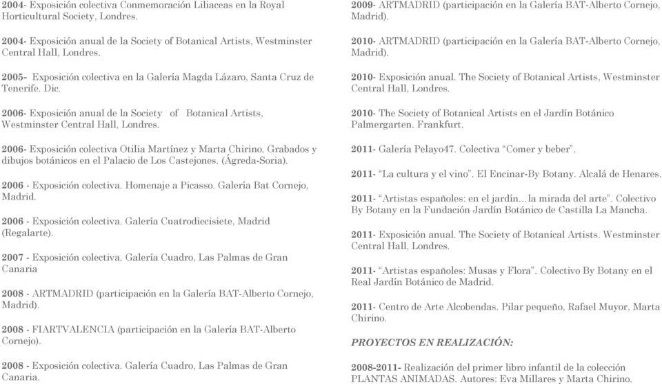 2006- Exposición colectiva Otilia Martínez y Marta Chirino. Grabados y dibujos botánicos en el Palacio de Los Castejones. (Ágreda-Soria). 2006 - Exposición colectiva. Homenaje a Picasso.