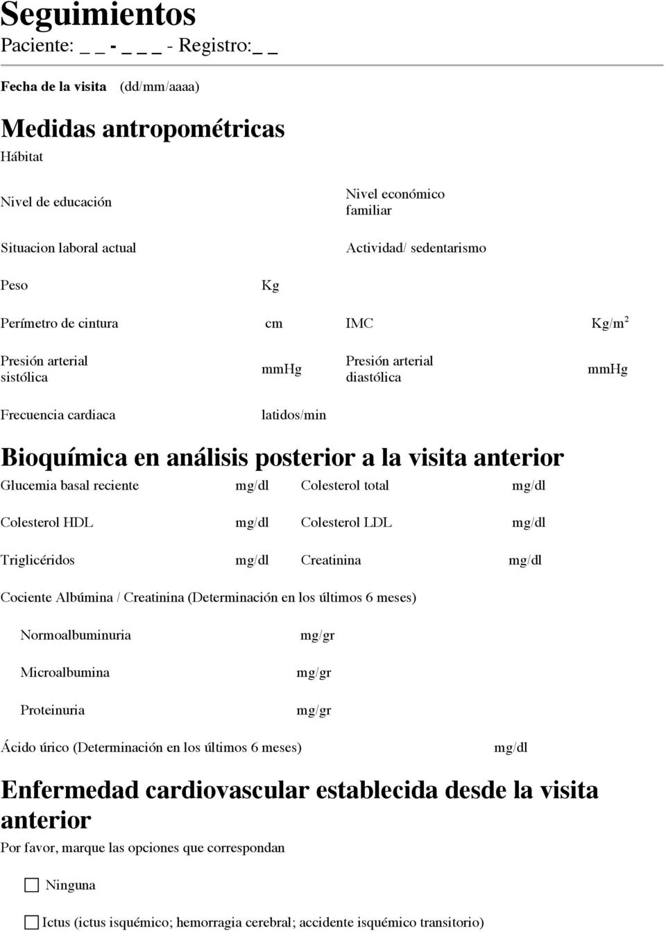 en análisis posterior a la visita anterior Glucemia basal reciente mg/dl Colesterol total mg/dl Colesterol HDL mg/dl Colesterol LDL mg/dl Triglicéridos mg/dl Creatinina mg/dl Cociente Albúmina /