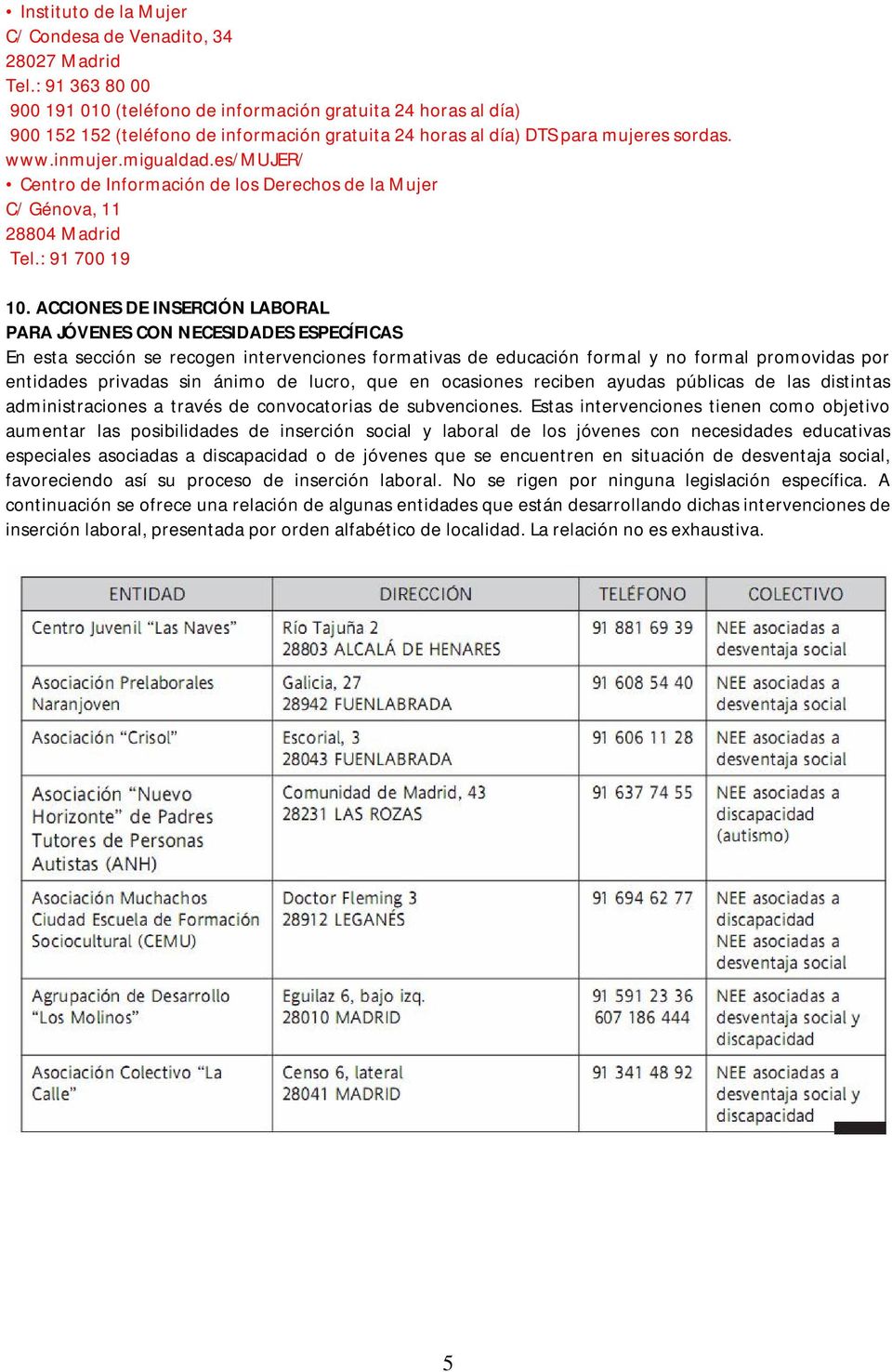 es/mujer/ Centro de Información de los Derechos de la Mujer C/ Génova, 11 28804 Madrid Tel.: 91 700 19 10.