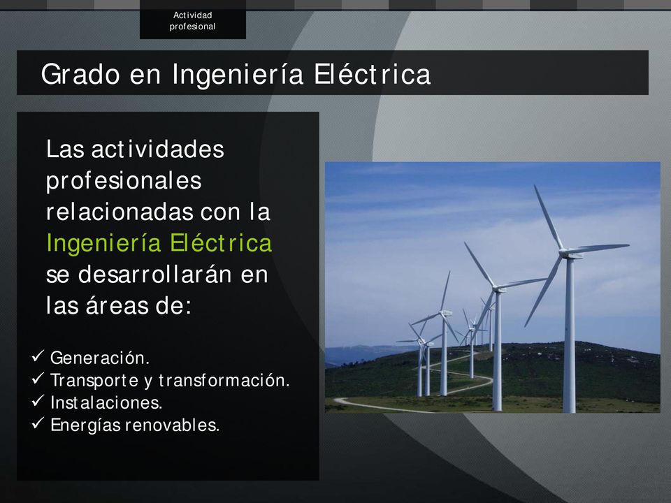 Eléctrica se desarrollarán en las áreas de: Generación.