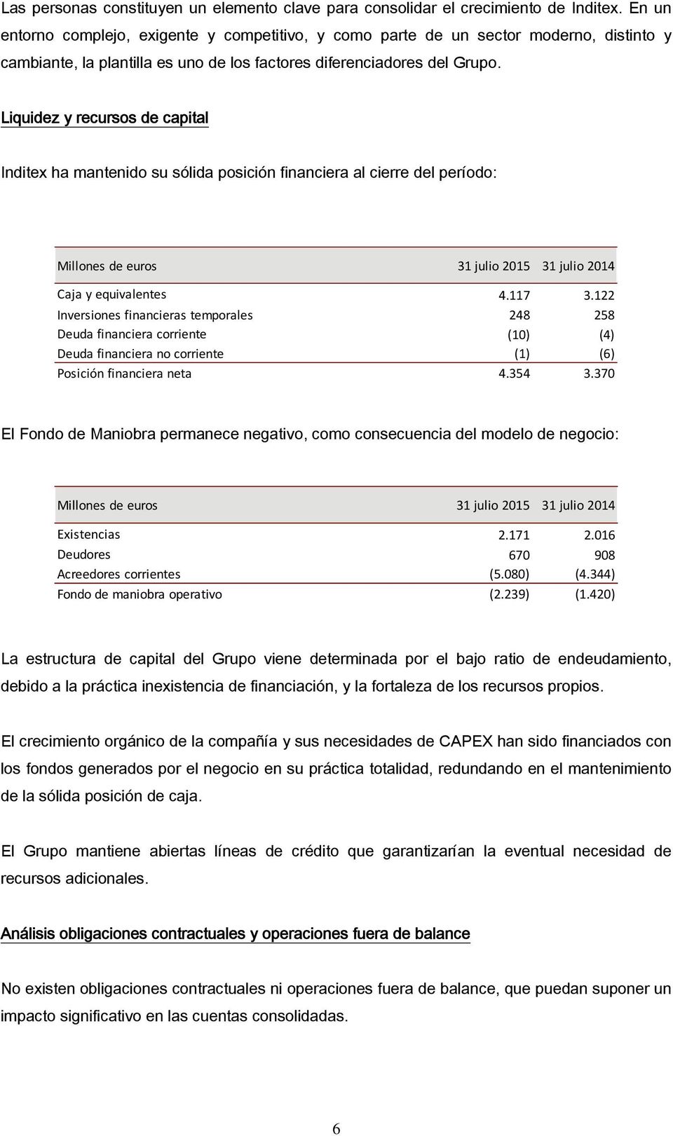 Liquidez y recursos de capital Inditex ha mantenido su sólida posición financiera al cierre del período: Millones de euros 31 julio 2015 31 julio 2014 Caja y equivalentes 4.117 3.