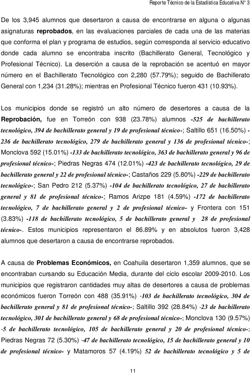 La deserción a causa de la reprobación se acentuó en mayor número en el Bachillerato Tecnológico con 2,280 (57.79%); seguido de Bachillerato General con 1,234 (31.