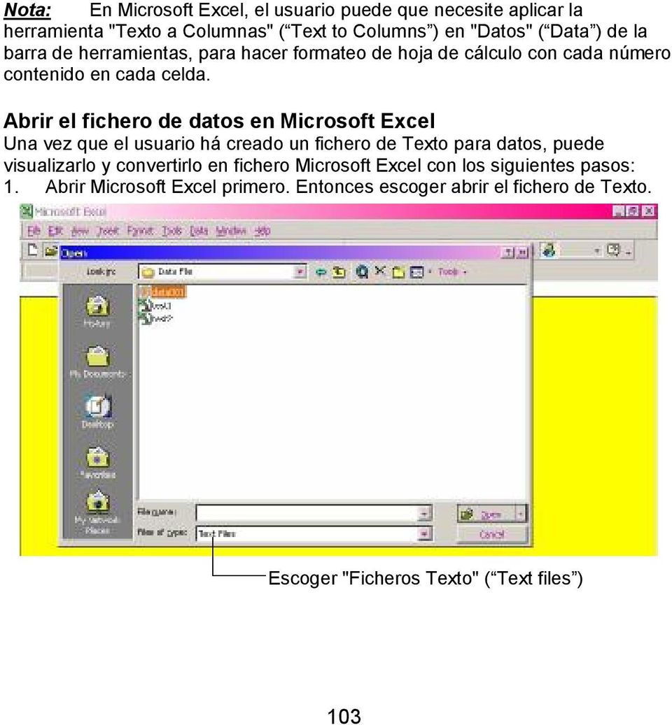 Abrir el fichero de datos en Microsoft Excel Una vez que el usuario há creado un fichero de Texto para datos, puede visualizarlo y