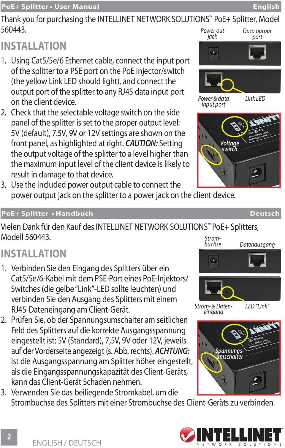 RJ45 data input port Power & data Link LED on the client device. input port 2.