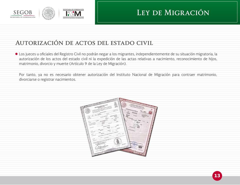relativas a nacimiento, reconocimiento de hijos, matrimonio, divorcio y muerte (Artículo 9 de la Ley de Migración).