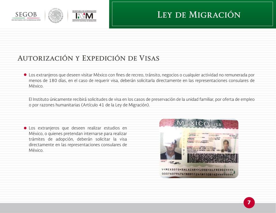 El Instituto únicamente recibirá solicitudes de visa en los casos de preservación de la unidad familiar, por oferta de empleo o por razones humanitarias (Artículo 41 de