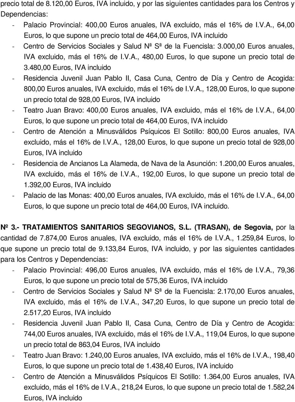 000,00 Euros anuales, IVA excluido, más el 16% de I.V.A., 480,00 Euros, lo que supone un precio total de 3.480,00 800,00 Euros anuales, IVA excluido, más el 16% de I.V.A., 128,00 Euros, lo que supone un precio total de 928,00 - Teatro Juan Bravo: 400,00 Euros anuales, IVA excluido, más el 16% de I.