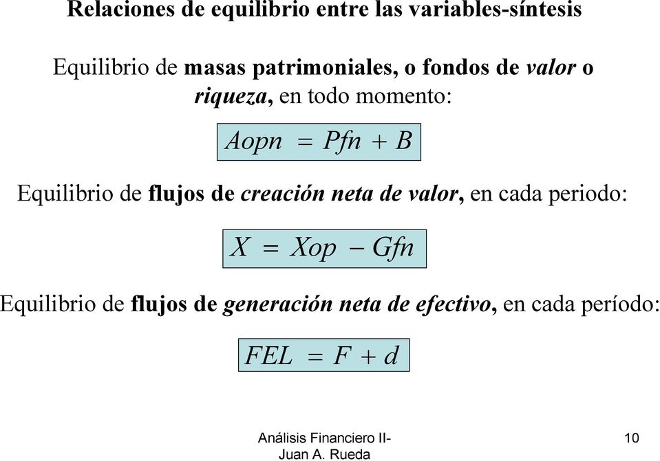 Equilibrio de flujos de creación neta de valor, en cada periodo: B X = Xop