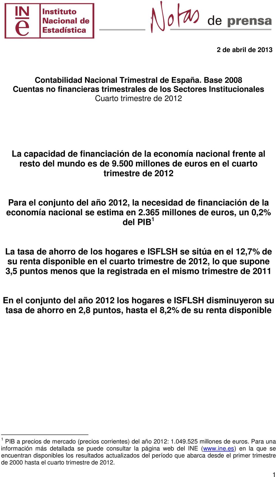 500 millones de euros en el cuarto trimestre de 2012 Para el conjunto del año 2012, la necesidad de financiación de la economía nacional se estima en 2.