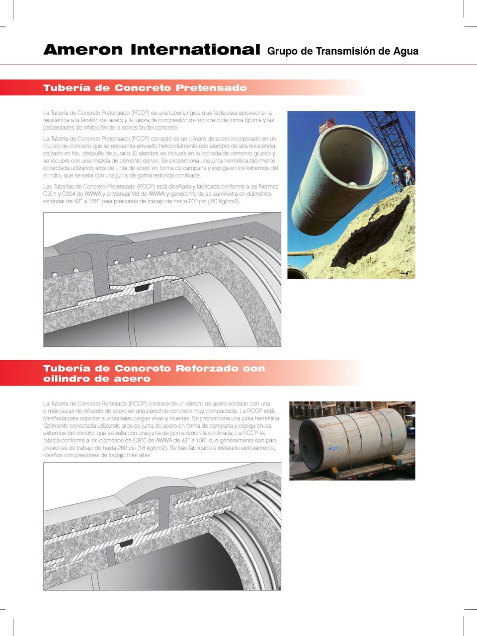La Tubería de Concreto Pretensado (PCCP) consiste de un cilindro de acero incorporado en un núcleo de concreto que se encuentra envuelto helicoidalmente con alambre de alta resistencia estirado en