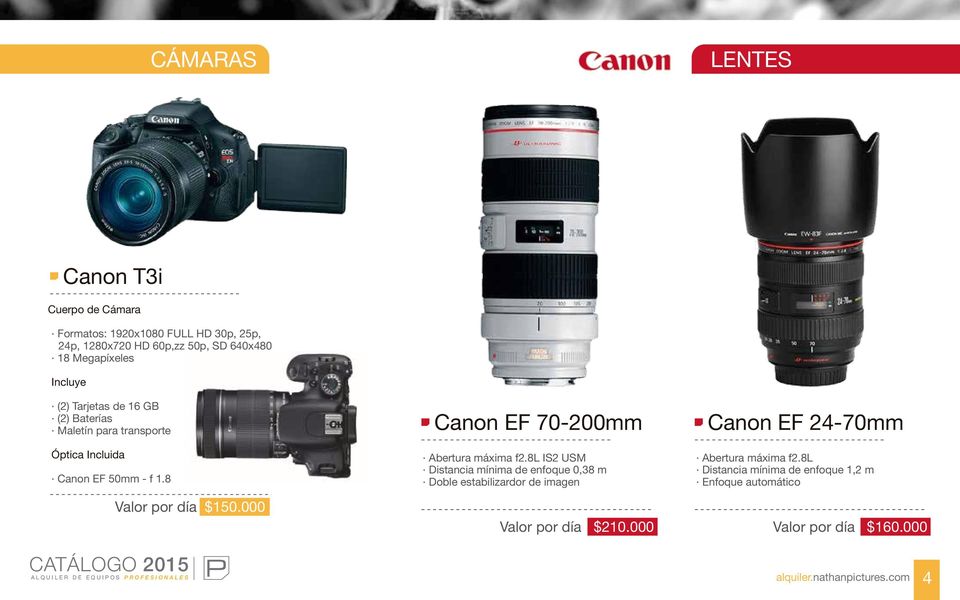 8 Valor por día $150.000 Canon EF 70-200mm Abertura máxima f2.