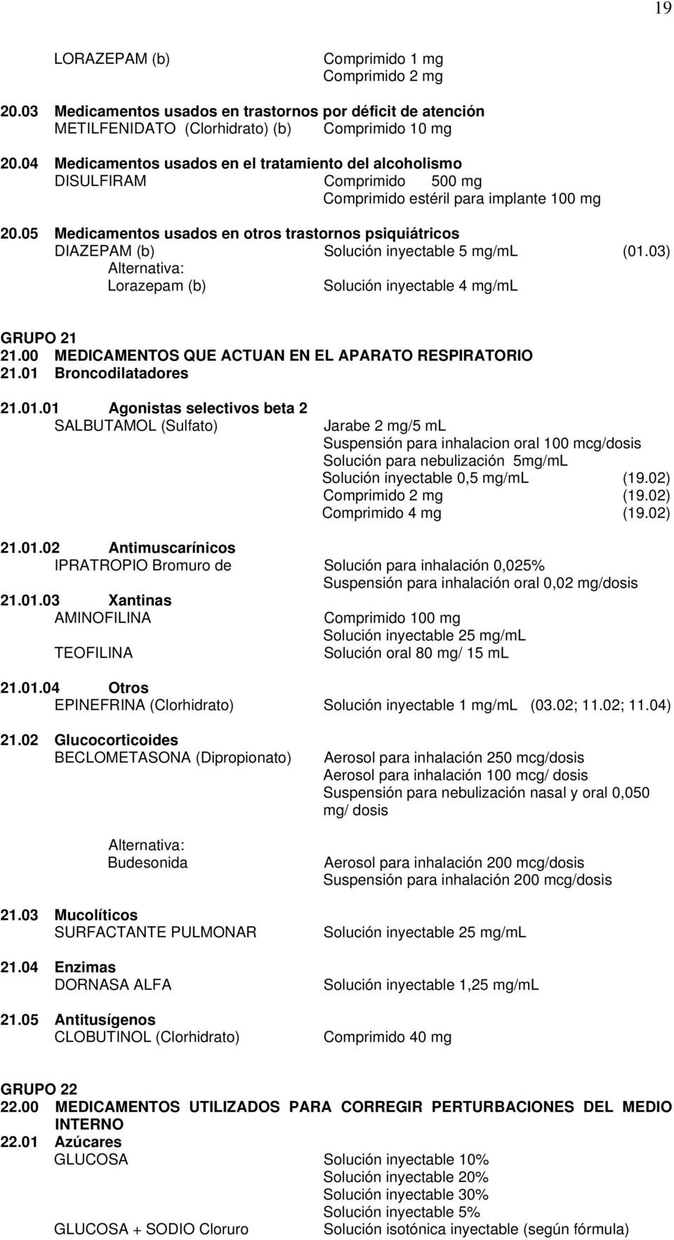 05 Medicamentos usados en otros trastornos psiquiátricos DIAZEPAM (b) Solución inyectable 5 mg/ml (01.03) Lorazepam (b) Solución inyectable 4 mg/ml GRUPO 21 21.