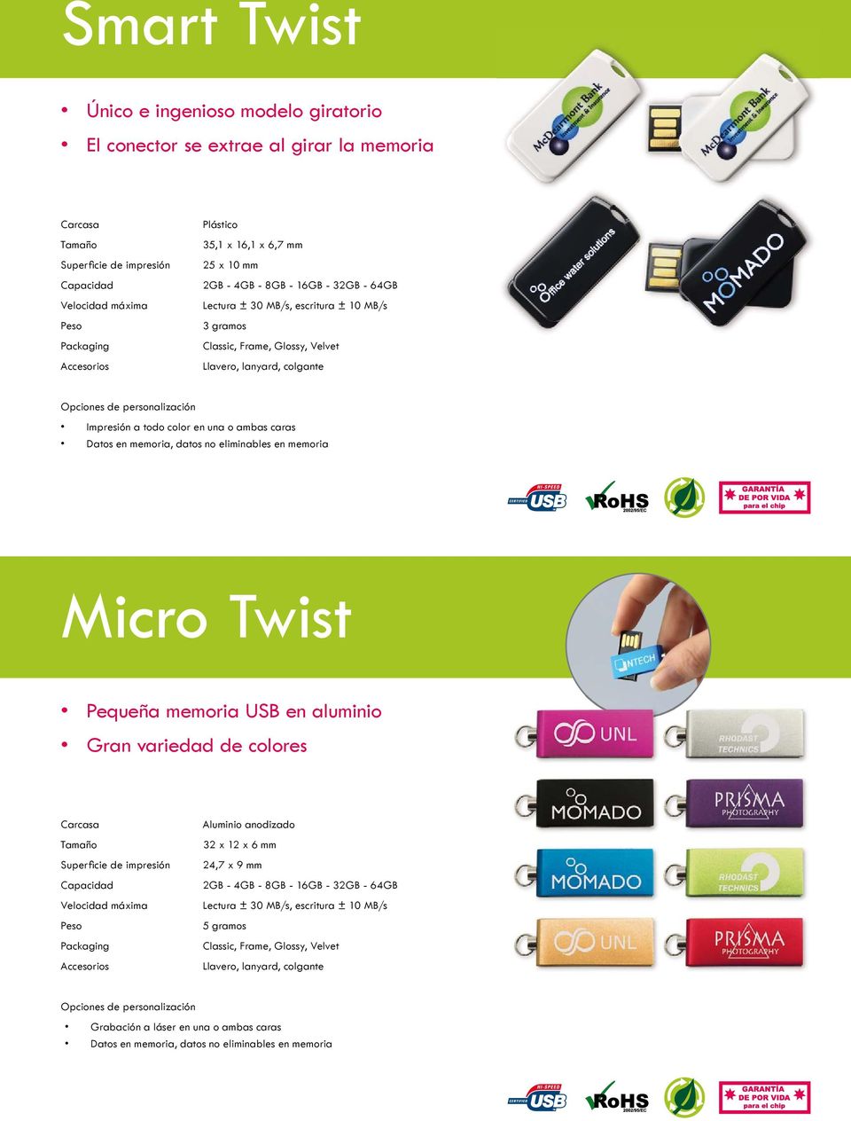 o ambas caras Micro Twist Pequeña memoria USB en aluminio Gran variedad de colores Aluminio anodizado