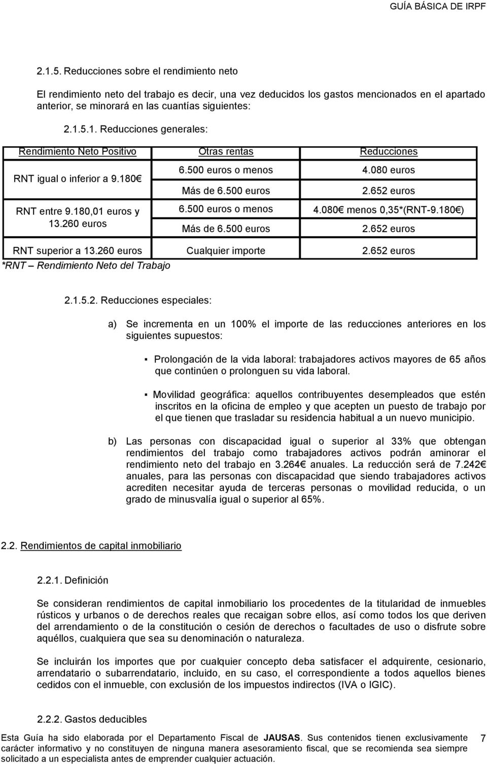 260 euros Cualquier importe 2.652 euros *RNT Rendimiento Neto del Trabajo 2.1.5.2. Reducciones especiales: a) Se incrementa en un 100% el importe de las reducciones anteriores en los siguientes