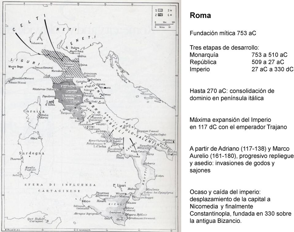 partir de Adriano (117-138) y Marco Aurelio (161-180), progresivo repliegue y asedio: invasiones de godos y sajones Ocaso y