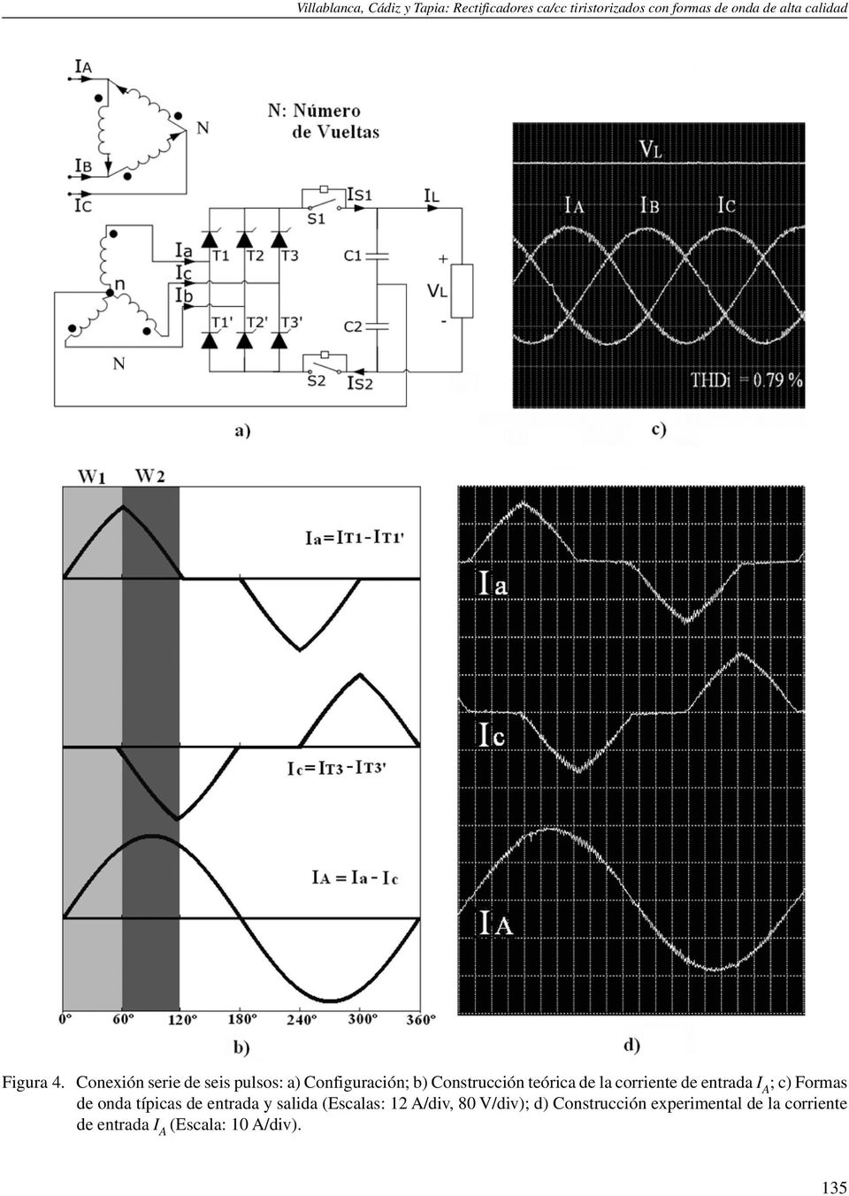 Conexión serie de seis pulsos: a) Configuración; b) Construcción teórica de la corriente de