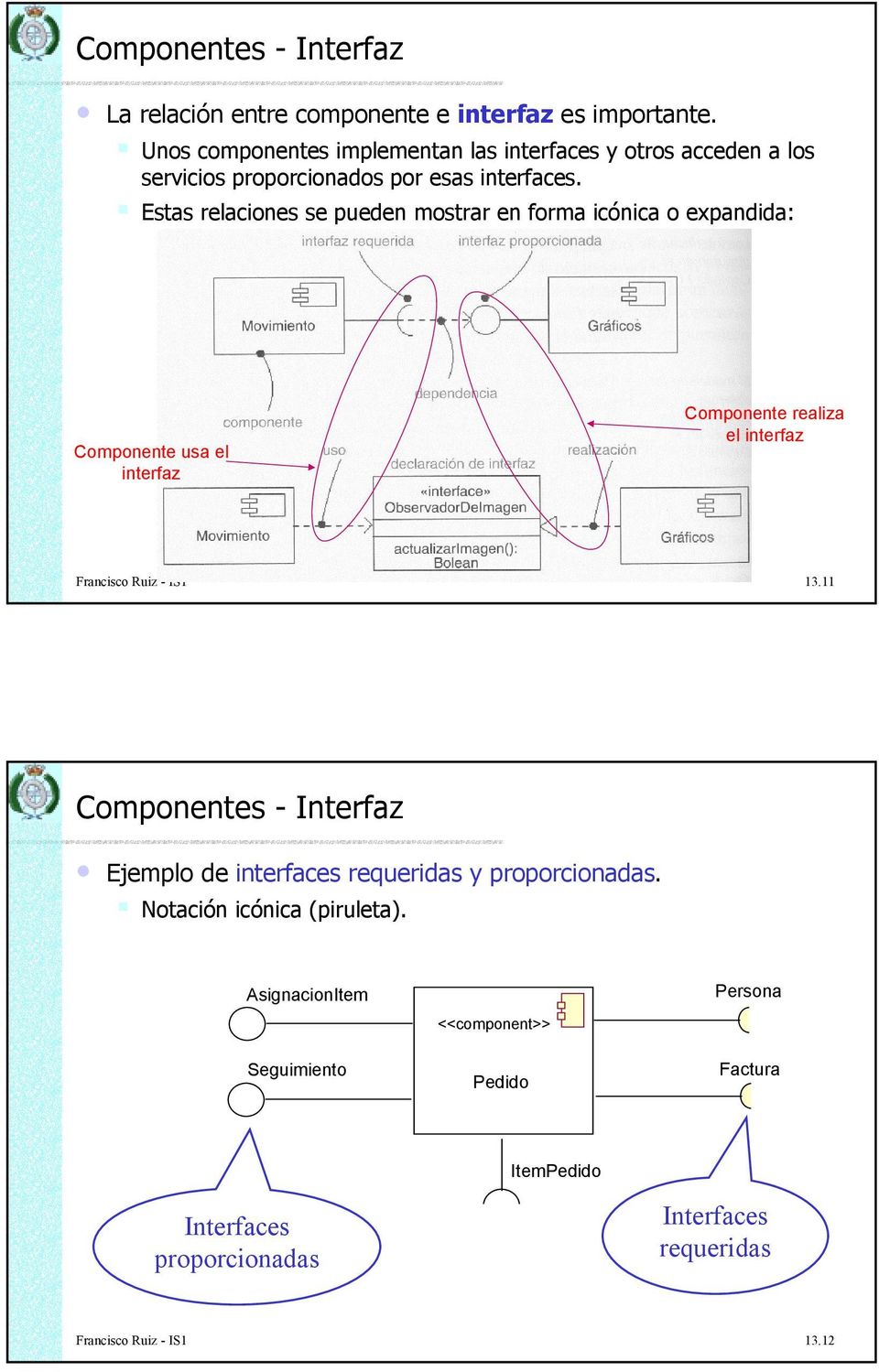 Estas relaciones se pueden mostrar en forma icónica o expandida: Componente usa el interfaz Componente realiza el interfaz 13.