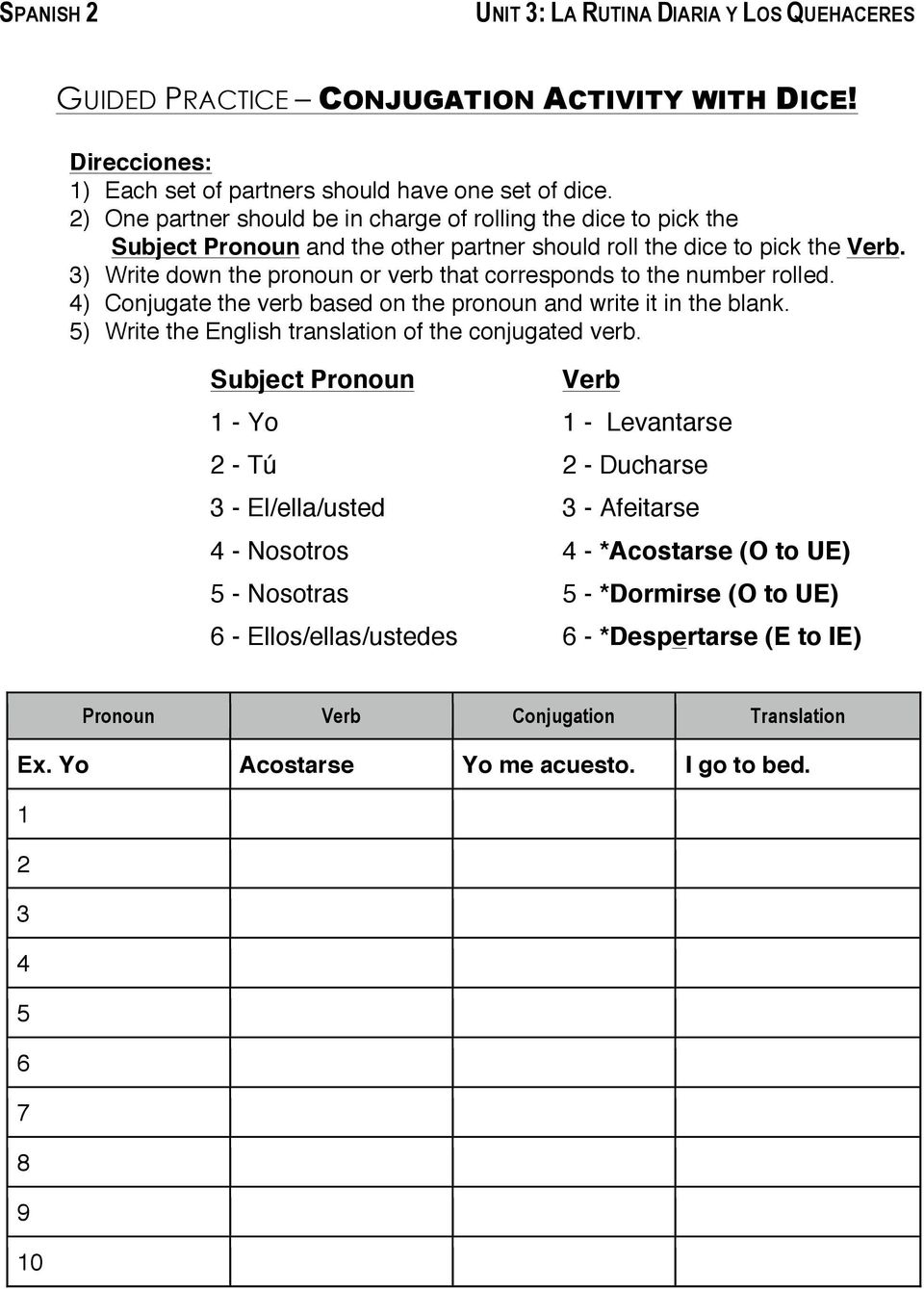 3) Write down the pronoun or verb that corresponds to the number rolled. 4) Conjugate the verb based on the pronoun and write it in the blank.