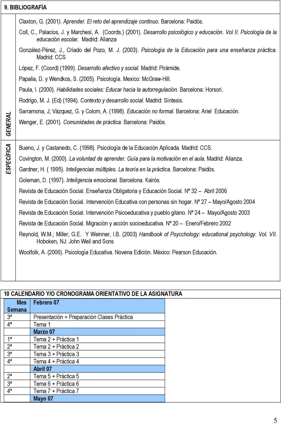 Psicología de la Educación para una enseñanza práctica. Madrid: CCS López, F. (Coord) (1999). Desarrollo afectivo y social. Madrid: Pirámide. Papalia, D. y Wendkos, S. (2005). Psicología.