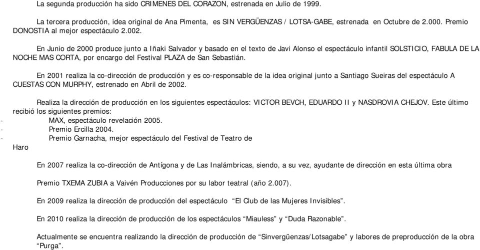 En Junio de 2000 produce junto a Iñaki Salvador y basado en el texto de Javi Alonso el espectáculo infantil SOLSTICIO, FABULA DE LA NOCHE MAS CORTA, por encargo del Festival PLAZA de San Sebastián.