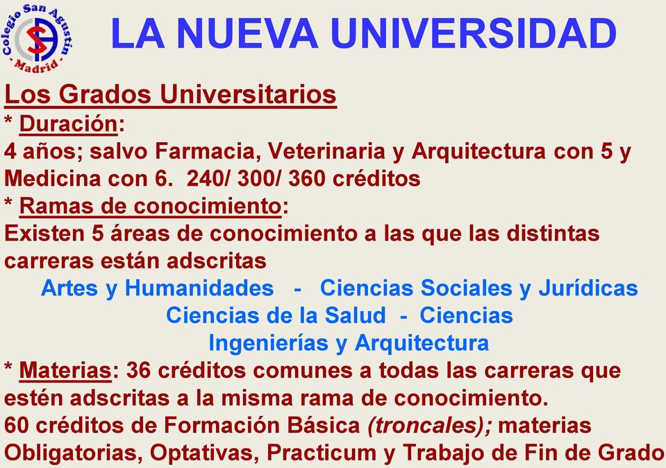 - Ciencias Sociales y Jurídicas Ciencias de la Salud - Ciencias Ingenierías y Arquitectura * Materias: 36 créditos comunes a todas las carreras que
