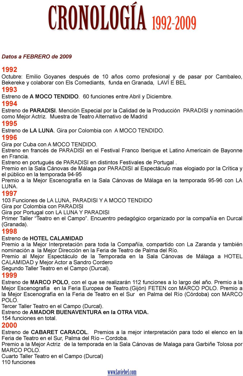 Muestra de Teatro Alternativo de Madrid 1995 Estreno de LA LUNA. Gira por Colombia con A MOCO TENDIDO. 1996 Gira por Cuba con A MOCO TENDIDO.