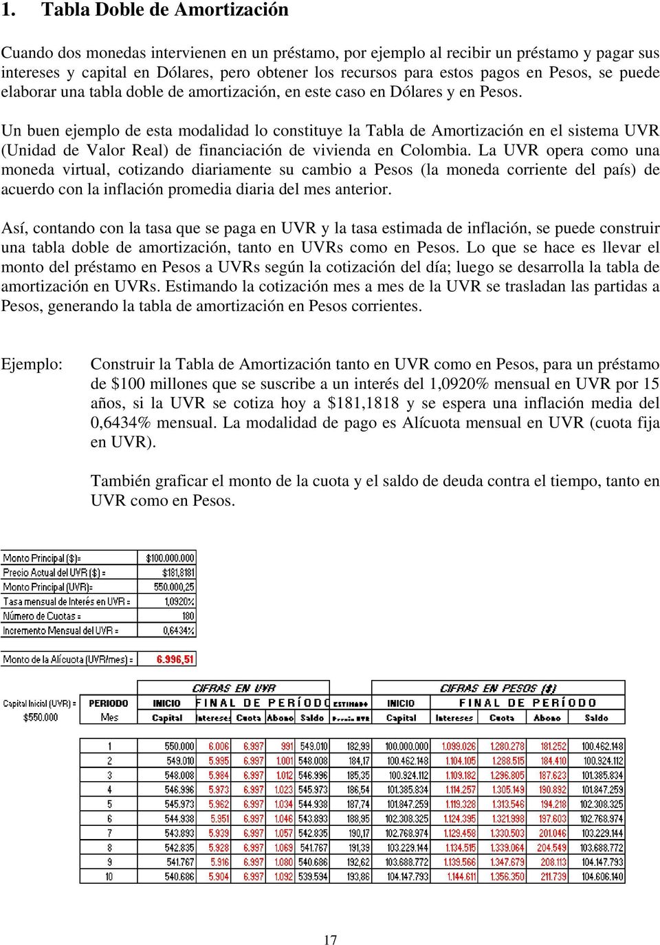 Un buen ejemplo de esta modalidad lo constituye la Tabla de Amortización en el sistema UVR (Unidad de Valor Real) de financiación de vivienda en Colombia.
