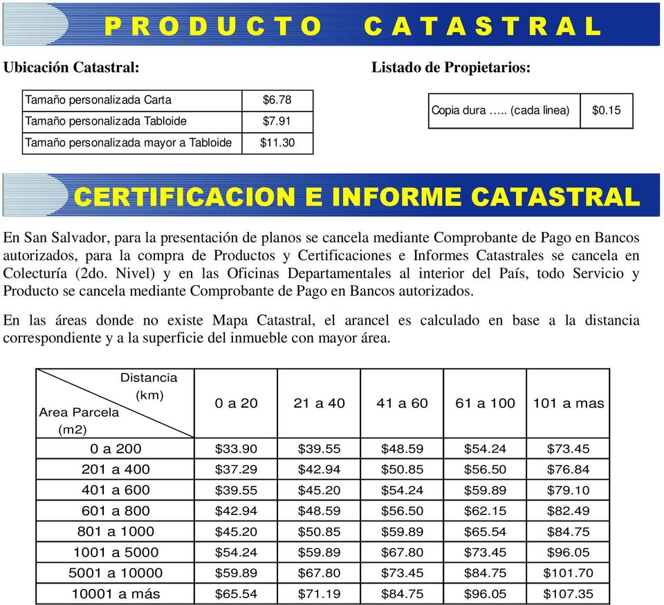 30 CERTIFICACION E INFORME CATASTRAL En San Salvador, para la presentación de planos se cancela mediante Comprobante de Pago en Bancos autorizados, para la compra de Productos y Certificaciones e