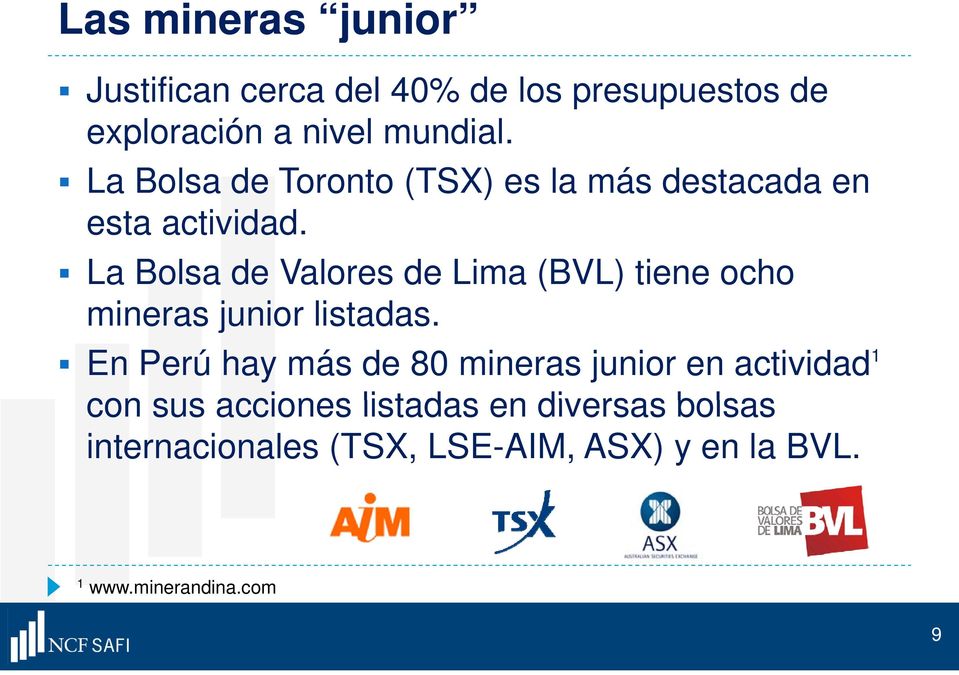 La Bolsa de Valores de Lima (BVL) tiene ocho mineras junior listadas.