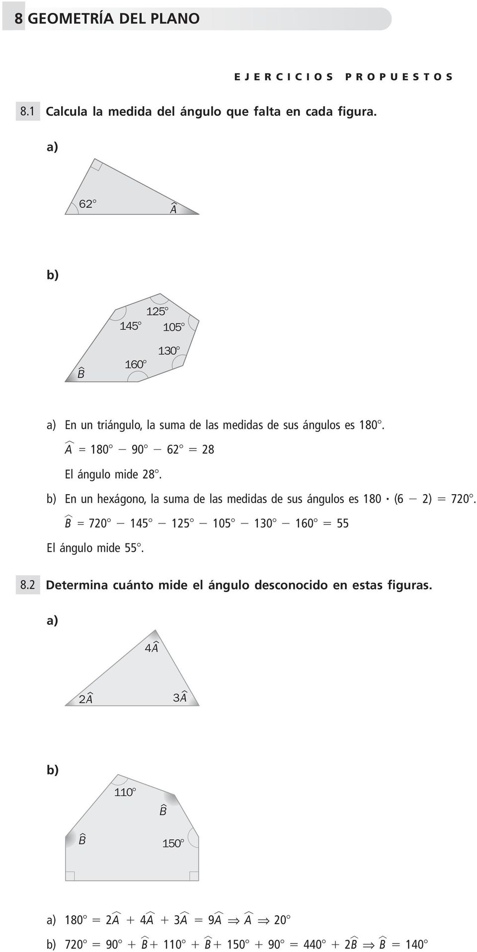 p 180 90 6 8 El ángulo mide 8. b) En un hexágono, la suma de las medidas de sus ángulos es 180 (6 ) 70.