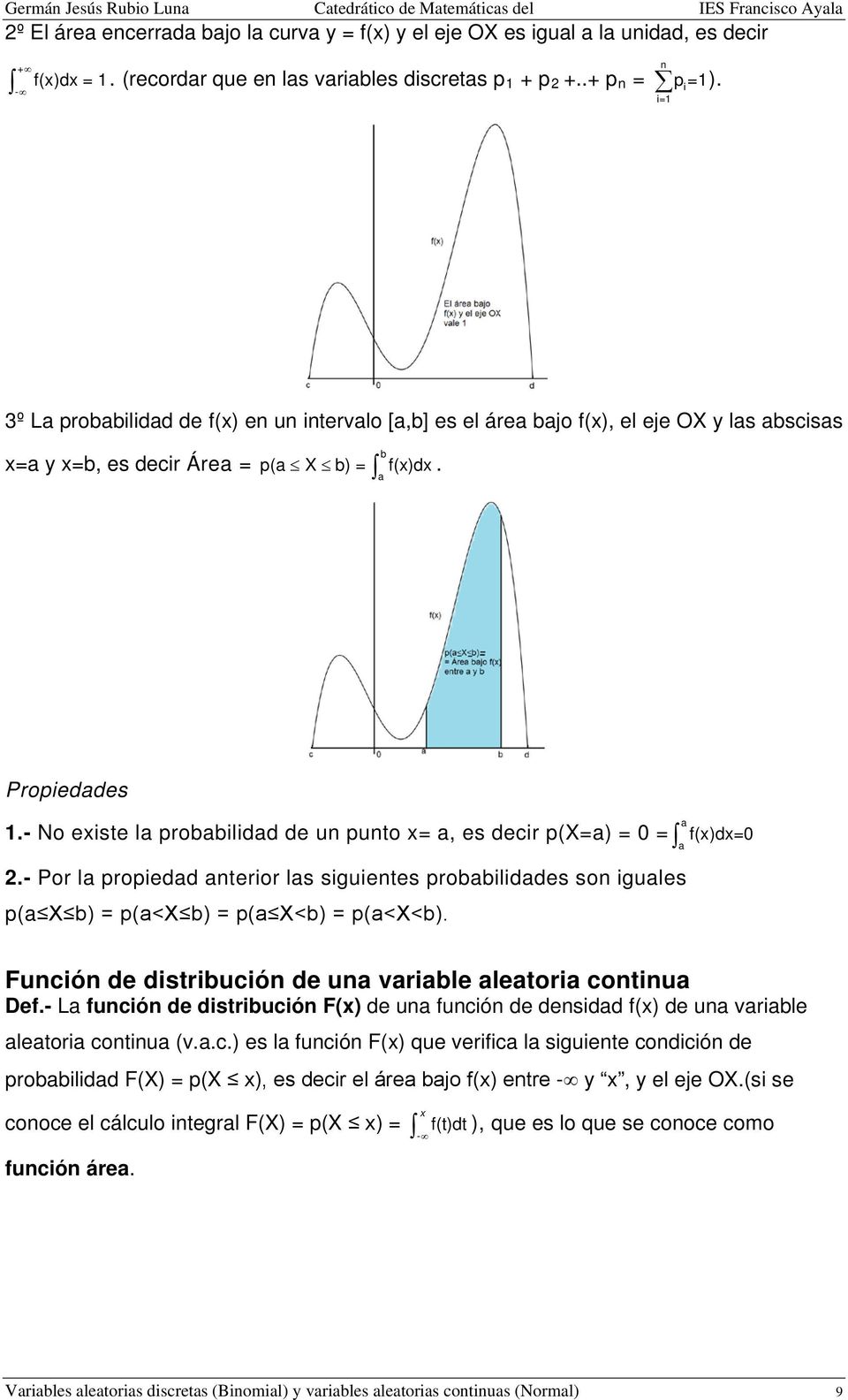 - No existe la probabilidad de u puto x= a, es decir p(x=a) = 0 = a f(x)dx=0 a 2.- Por la propiedad aterior las siguietes probabilidades so iguales p(a X b) = p(a<x b) = p(a X<b) = p(a<x<b).