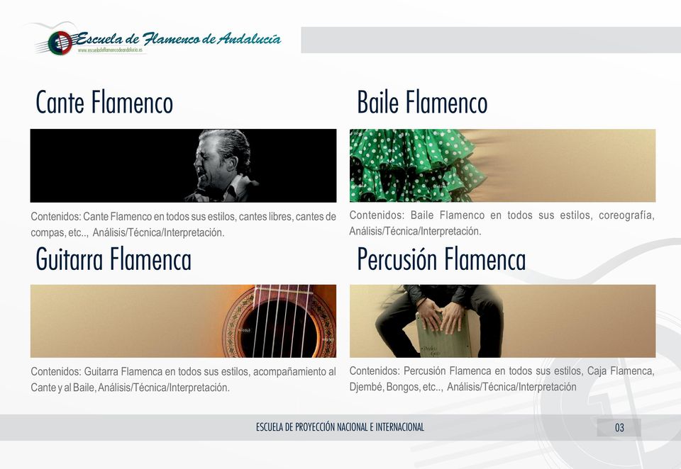 ., Análisis/Técnica/Interpretación. Guitarra Flamenca Contenidos: Baile Flamenco en todos sus estilos, coreografía, Análisis/Técnica/Interpretación.