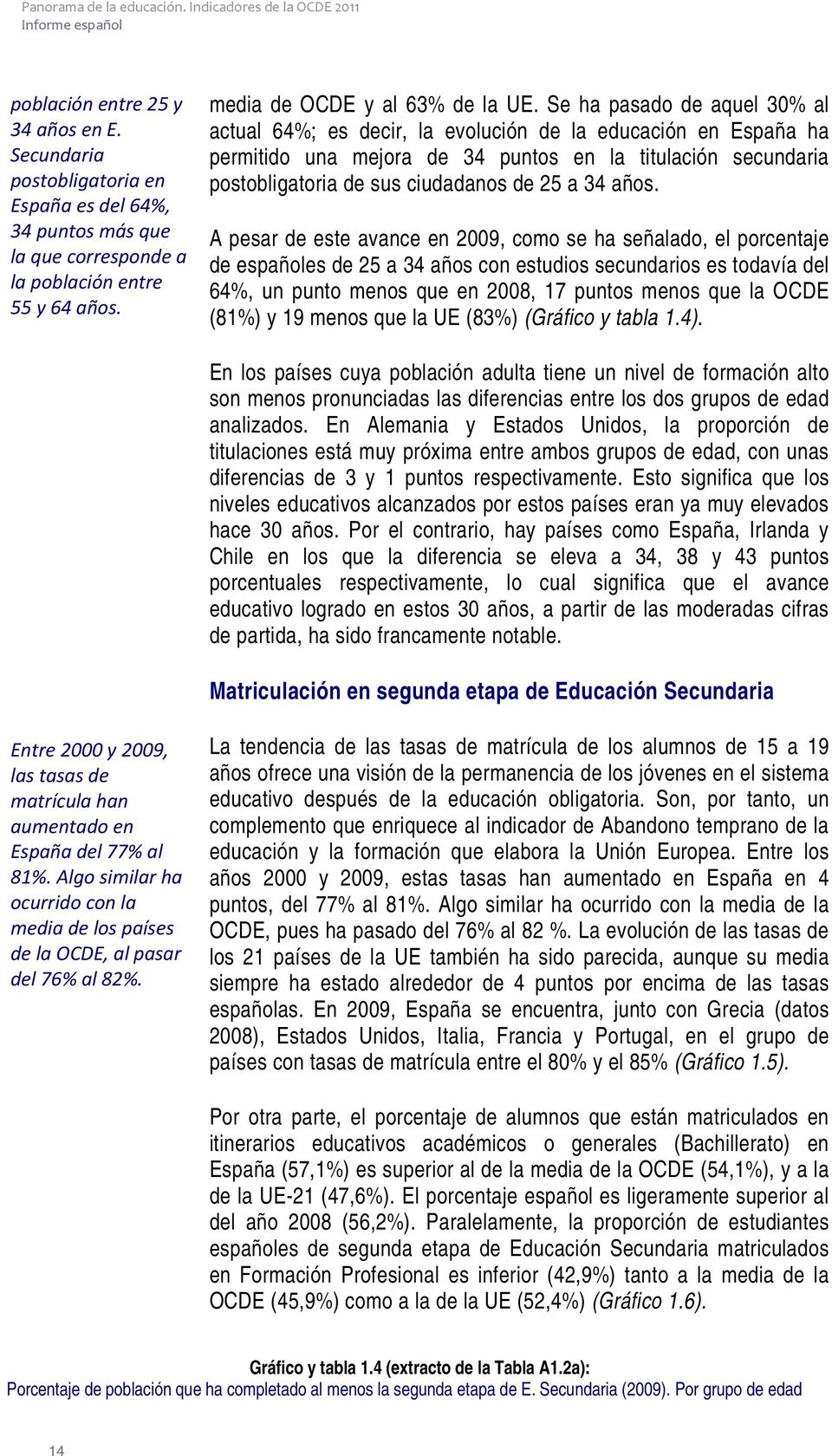 años. A pesar de este avance en 9, como se ha señalado, el porcentaje de españoles de 25 a 34 años con estudios secundarios es todavía del 64%, un punto menos que en 8, 17 puntos menos que la OCDE