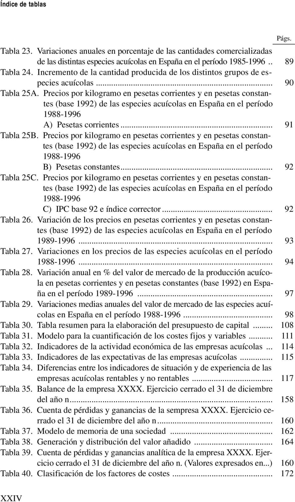 Precios por kilogramo en pesetas corrientes y en pesetas constantes (base 1992) de las especies acuícolas en España en el período 1988-1996 A) Pesetas corrientes... 91 Tabla 25B.