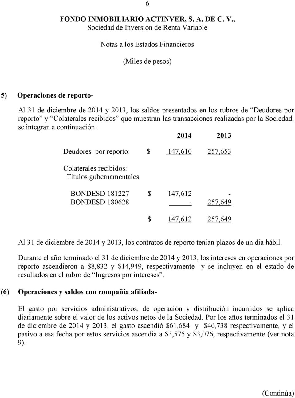 257,649 Al 31 de diciembre de 2014 y 2013, los contratos de reporto tenían plazos de un día hábil.