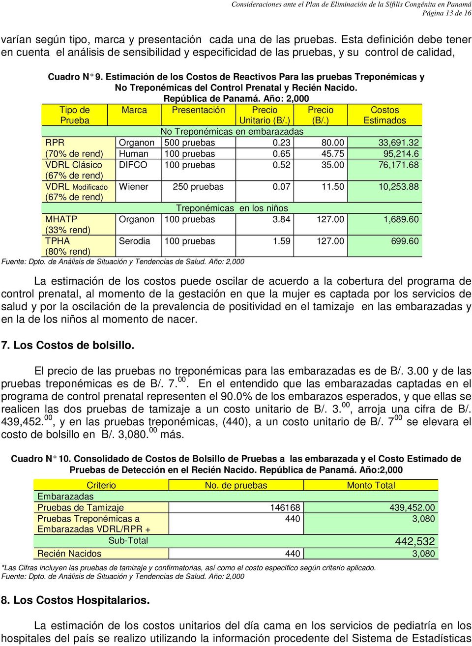 Estimación de los Costos de Reactivos Para las pruebas Treponémicas y No Treponémicas del Control Prenatal y Recién Nacido. República de Panamá.