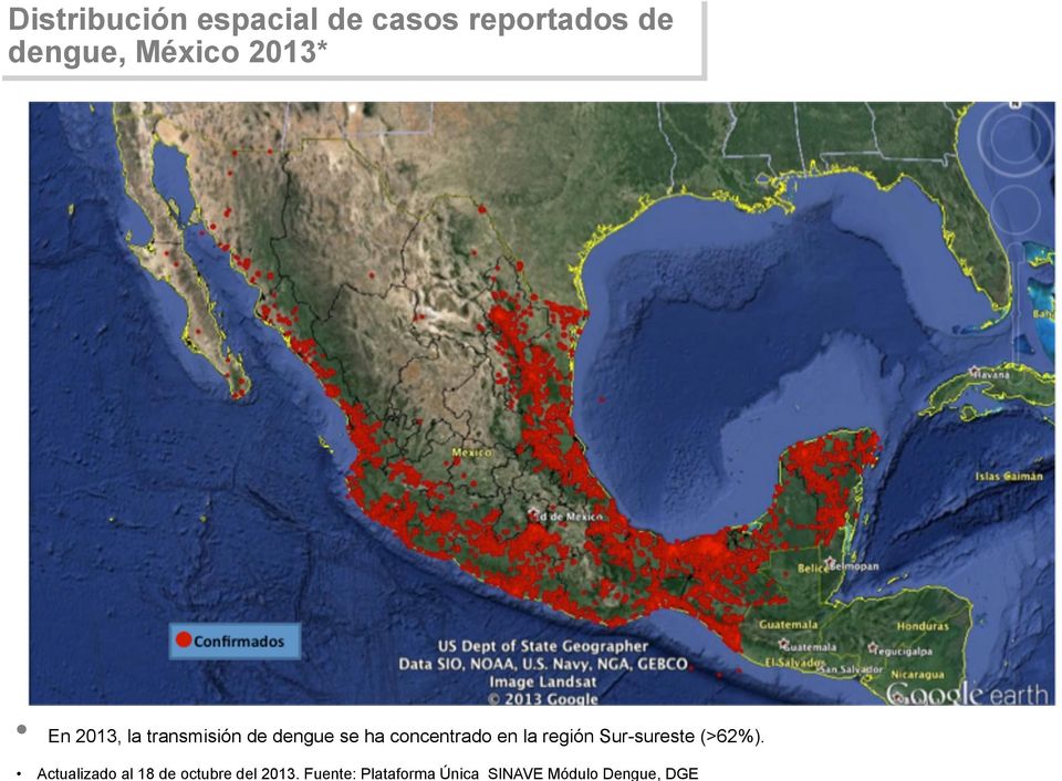 Distribución espacial de casos reportados de dengue, México