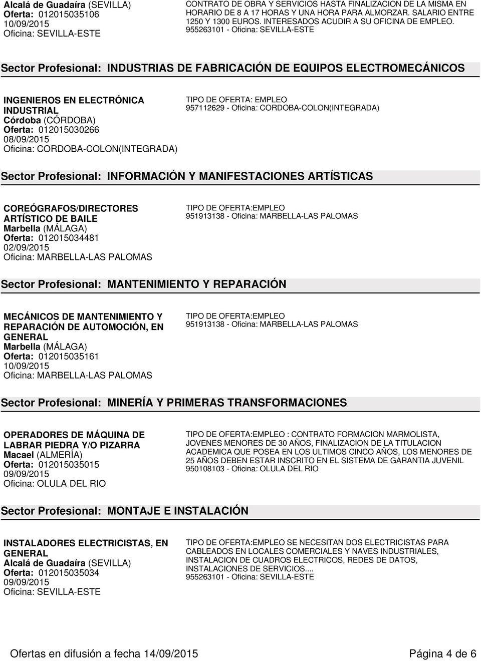 955263101 - Oficina: SEVILLA-ESTE Sector Profesional: INDUSTRIAS DE FABRICACIÓN DE EQUIPOS ELECTROMECÁNICOS INGENIEROS EN ELECTRÓNICA INDUSTRIAL Córdoba (CÓRDOBA) Oferta: 012015030266 08/09/2015