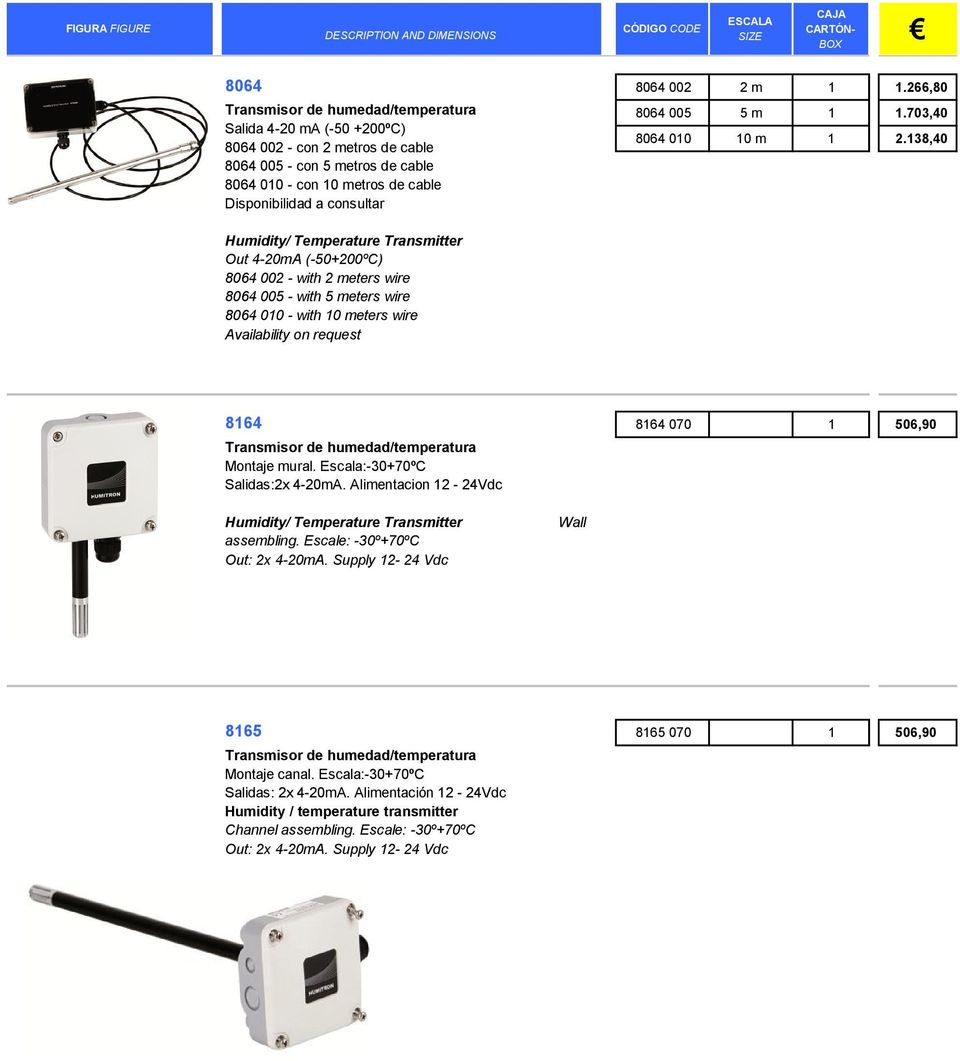 138,40 Humidity/ Temperature Transmitter Out 4-20mA (-50+200ºC) 8064 002 - with 2 meters wire 8064 005 - with 5 meters wire 8064 010 - with 10 meters wire Availability on request 8164 Transmisor de