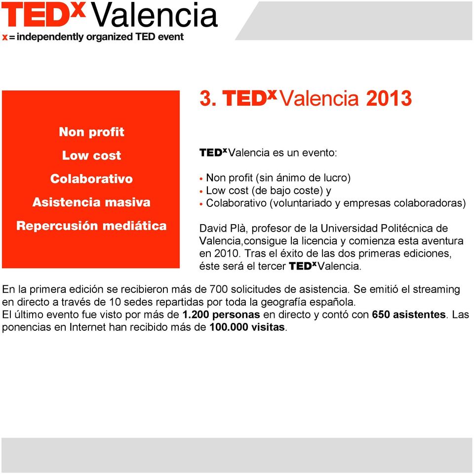 Tras el éxito de las dos primeras ediciones, éste será el tercer TED x Valencia. En la primera edición se recibieron más de 700 solicitudes de asistencia.